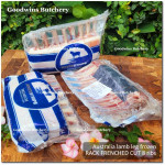 Lamb RACK FRENCHED CUT frozen Australia WHITE STRIPE whole cut 8 ribs +/- 1kg (price/kg)